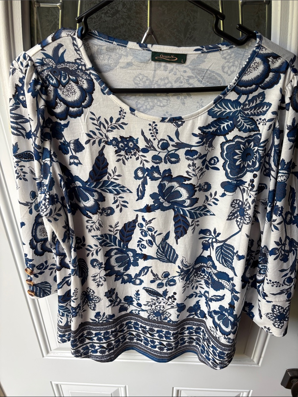 Chico's White and Blue Floral Scoop Neck Tunic